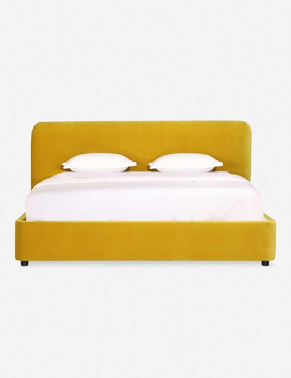 King-Size Mustard Velvet Upholstered Bed with Tufted Headboard and Storage Drawer