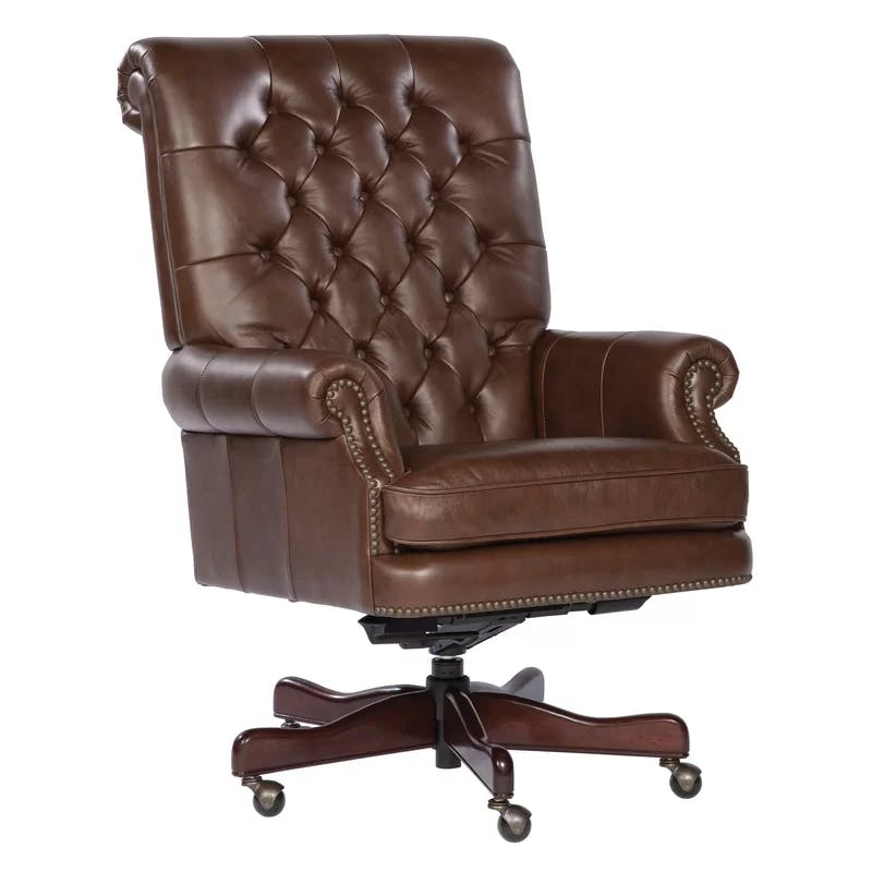 Traditional Brown Leather Swivel Executive Chair with Wood Accents