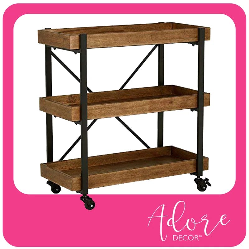 Riley Modern 3-Tier Rolling Bar Cart with Matte Black and Medium Brown Wood Finish