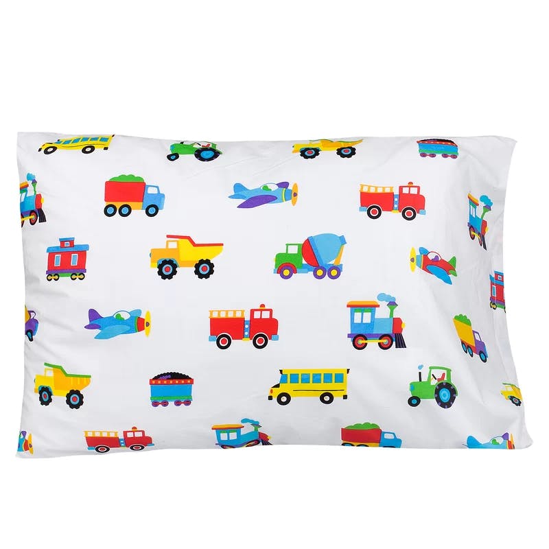 Cozy Kids 100% Cotton Flannel Pillowcase - Trains, Planes & Trucks Theme