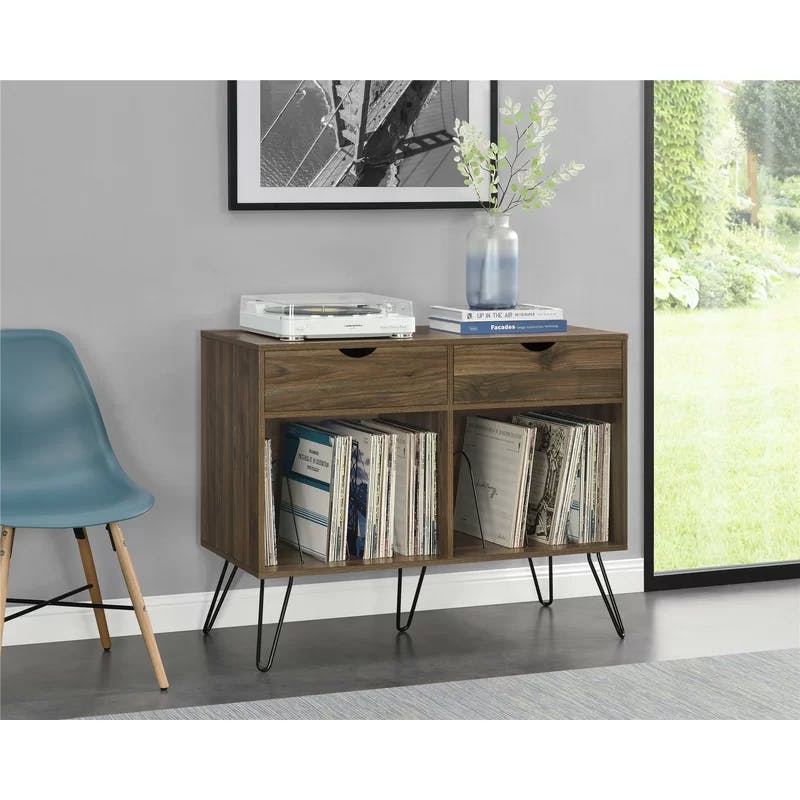 Mid-Century Walnut Turntable Stand with Hairpin Legs and Storage