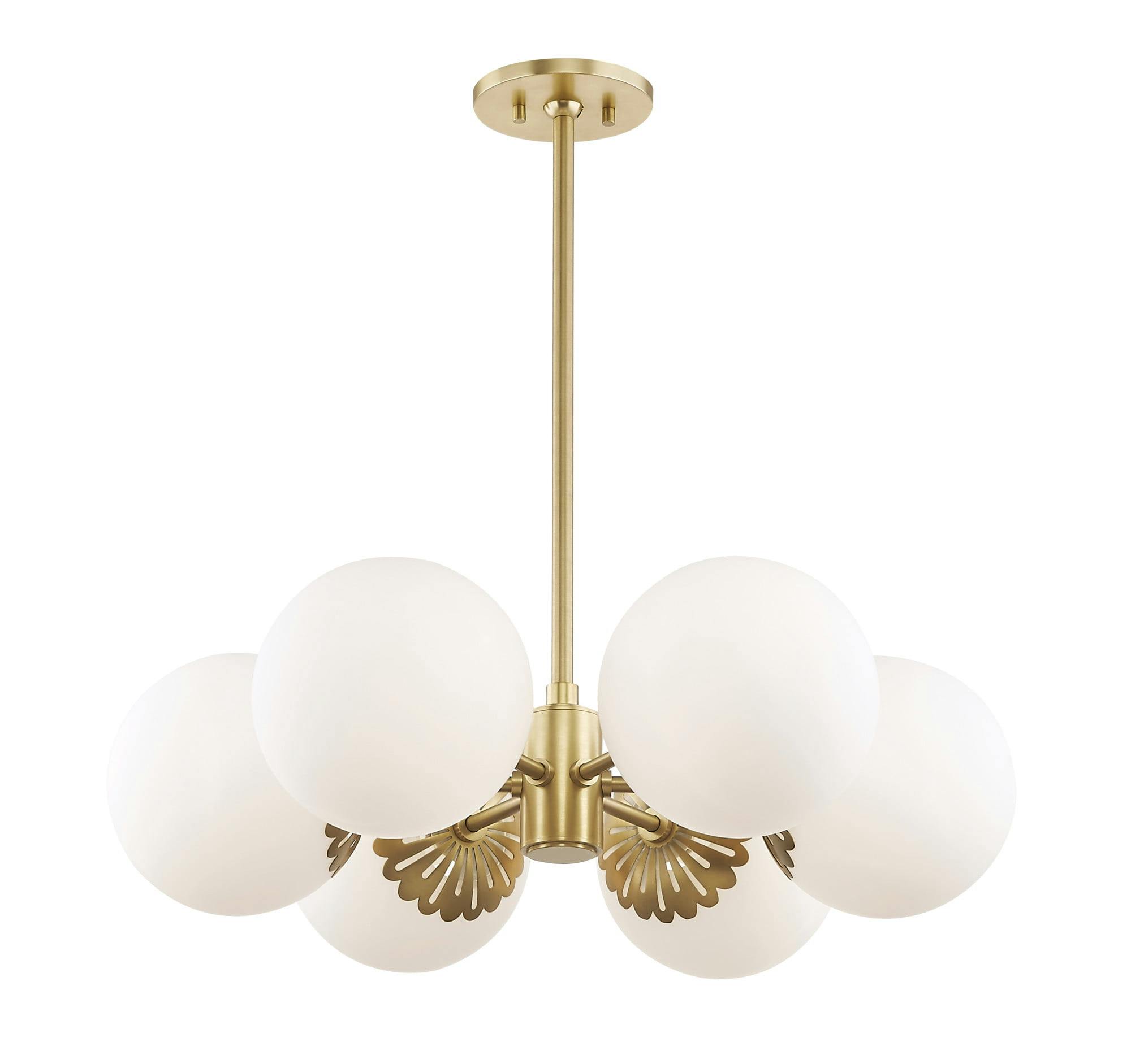 Elegant Aged Brass 6-Light Chandelier with Opal Glass Shades