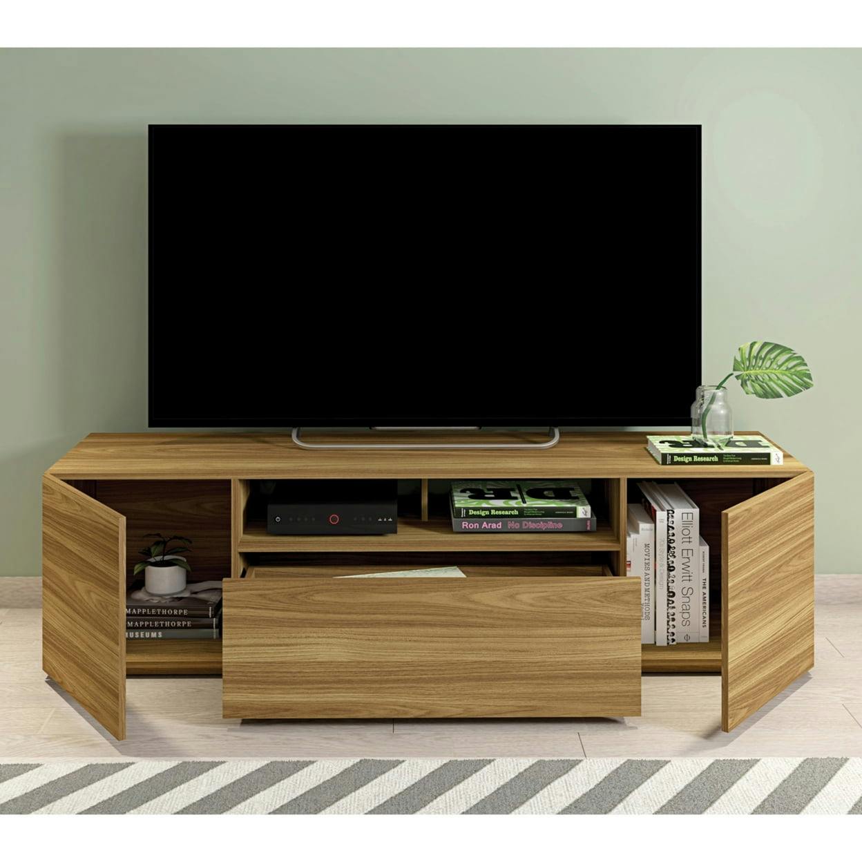 Walnut Wood Grain 71" TV Stand with Cabinets and Shelf