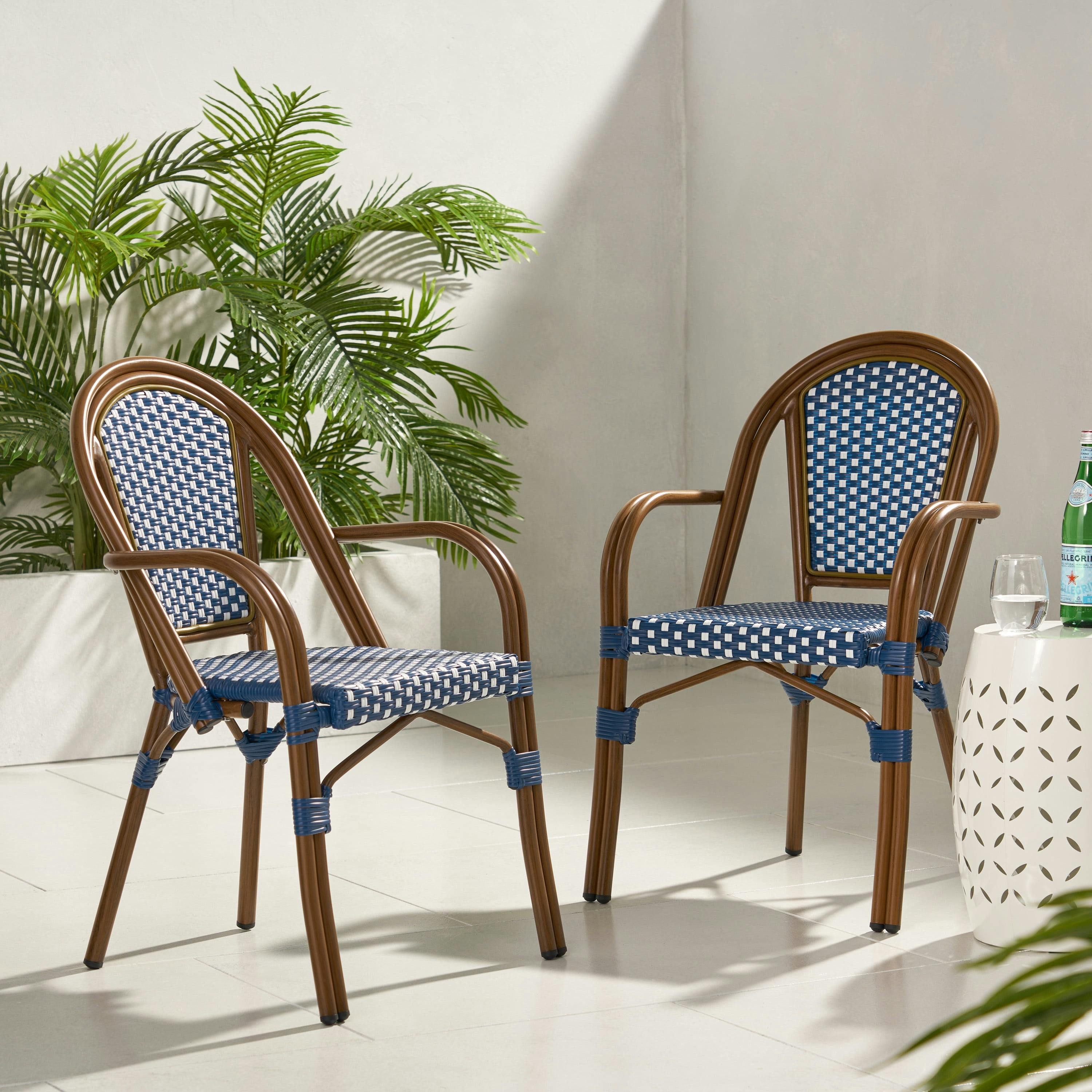 Sophisticated Navy & White Aluminum Wicker Bistro Chairs, Set of 2
