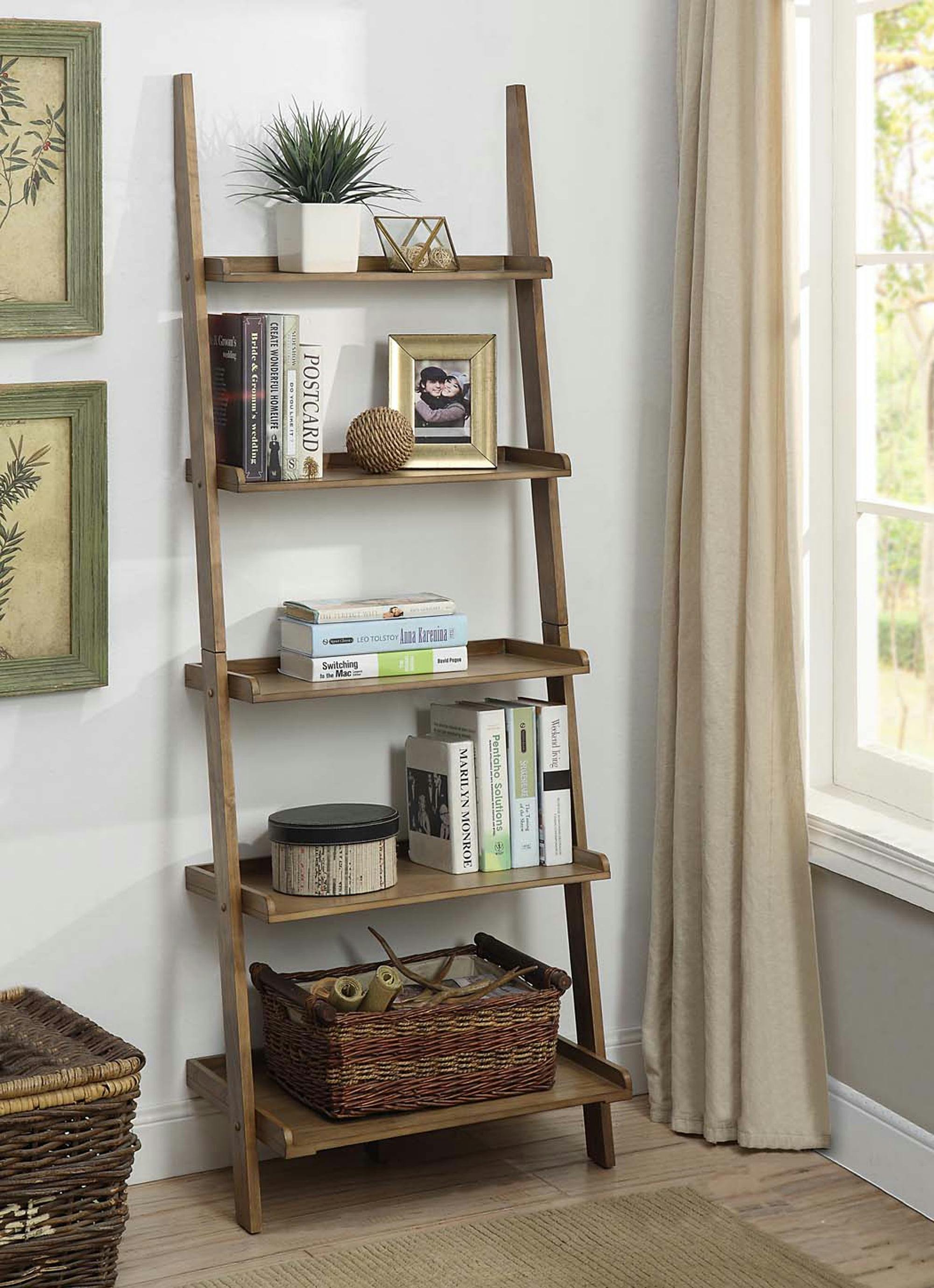 Elegant Black Wood 5-Shelf Ladder Bookcase