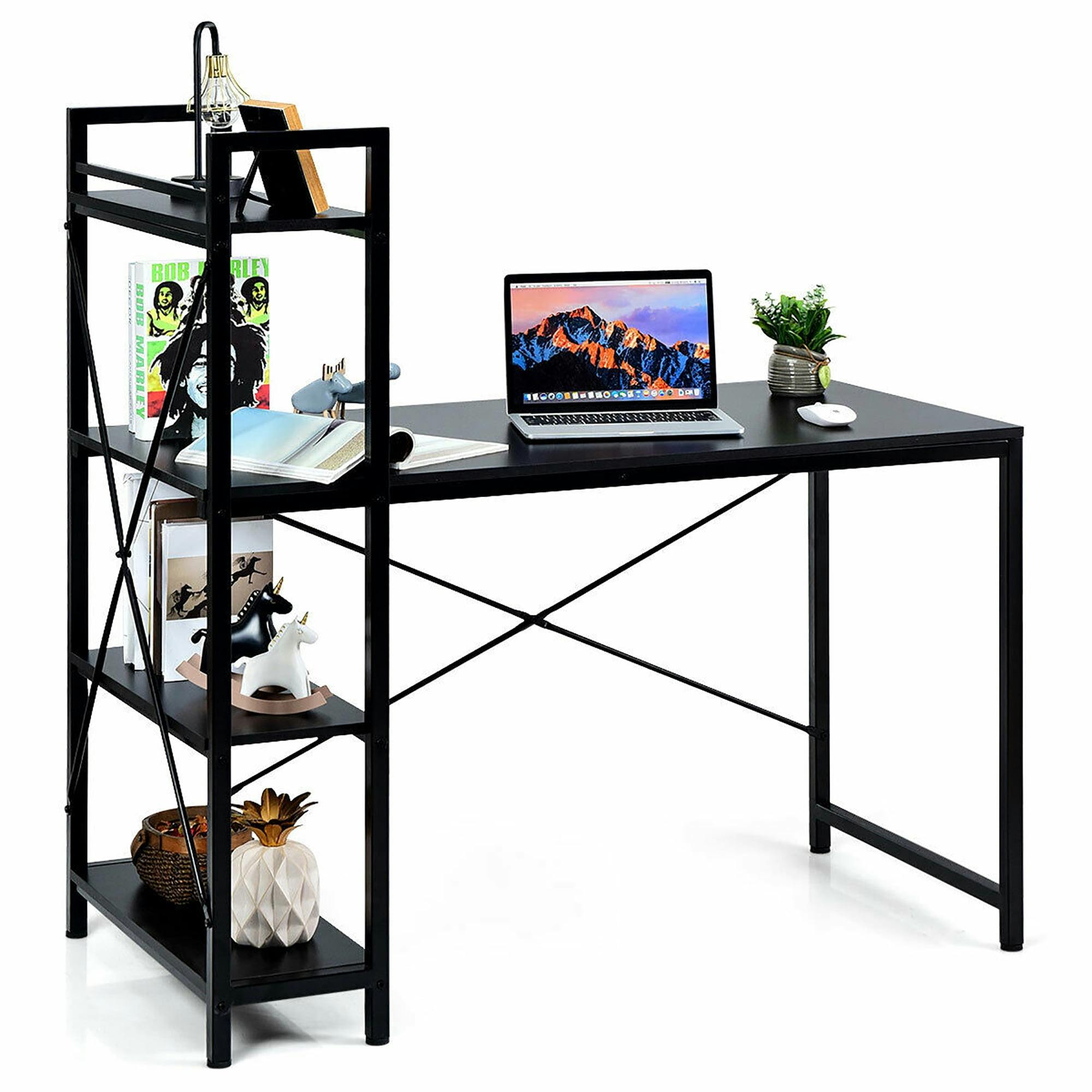 Modern 47.5" Black Wood Computer Desk with 4-Tier Shelves
