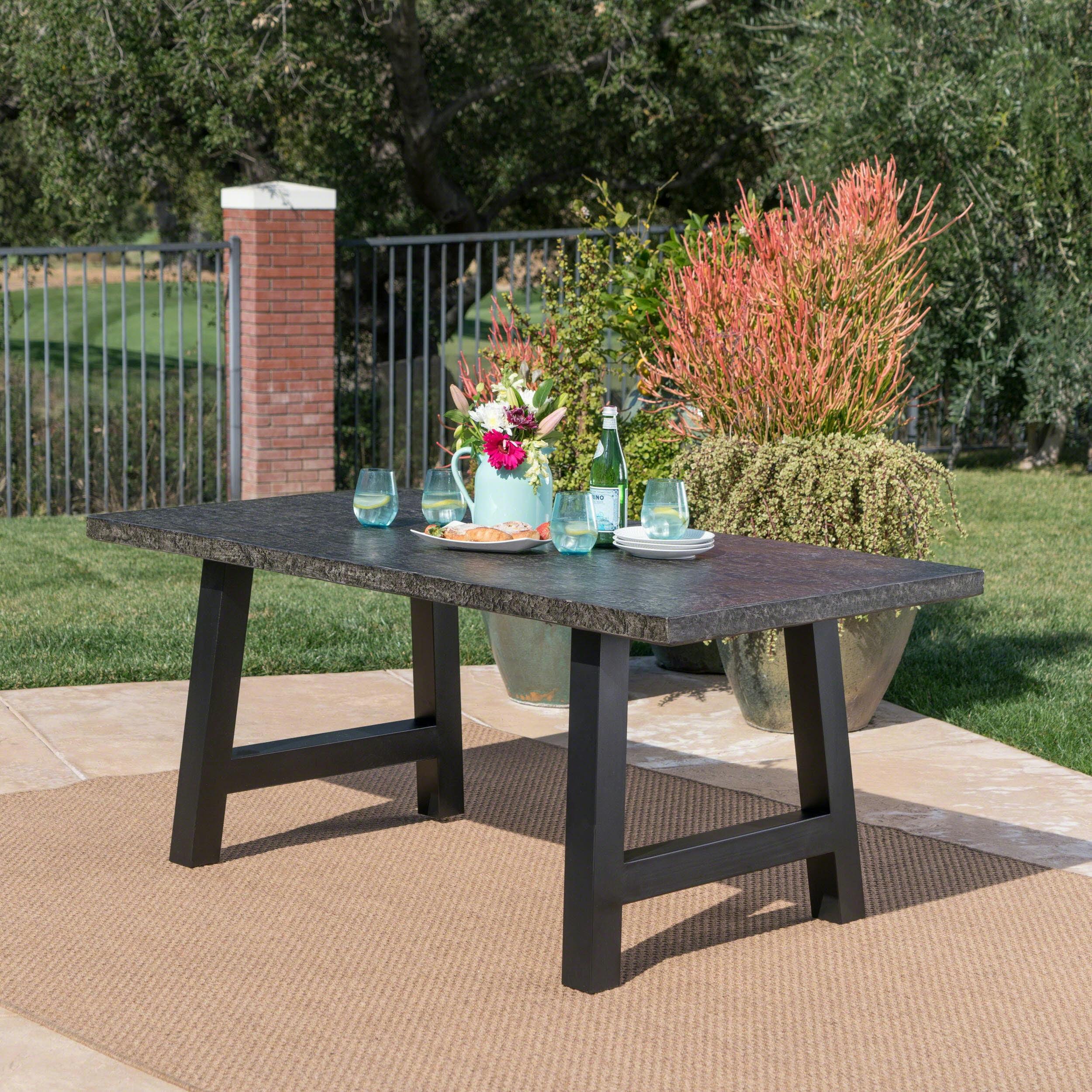 Rustic Stone Grey Rectangular Dining Table with Black Iron Frame