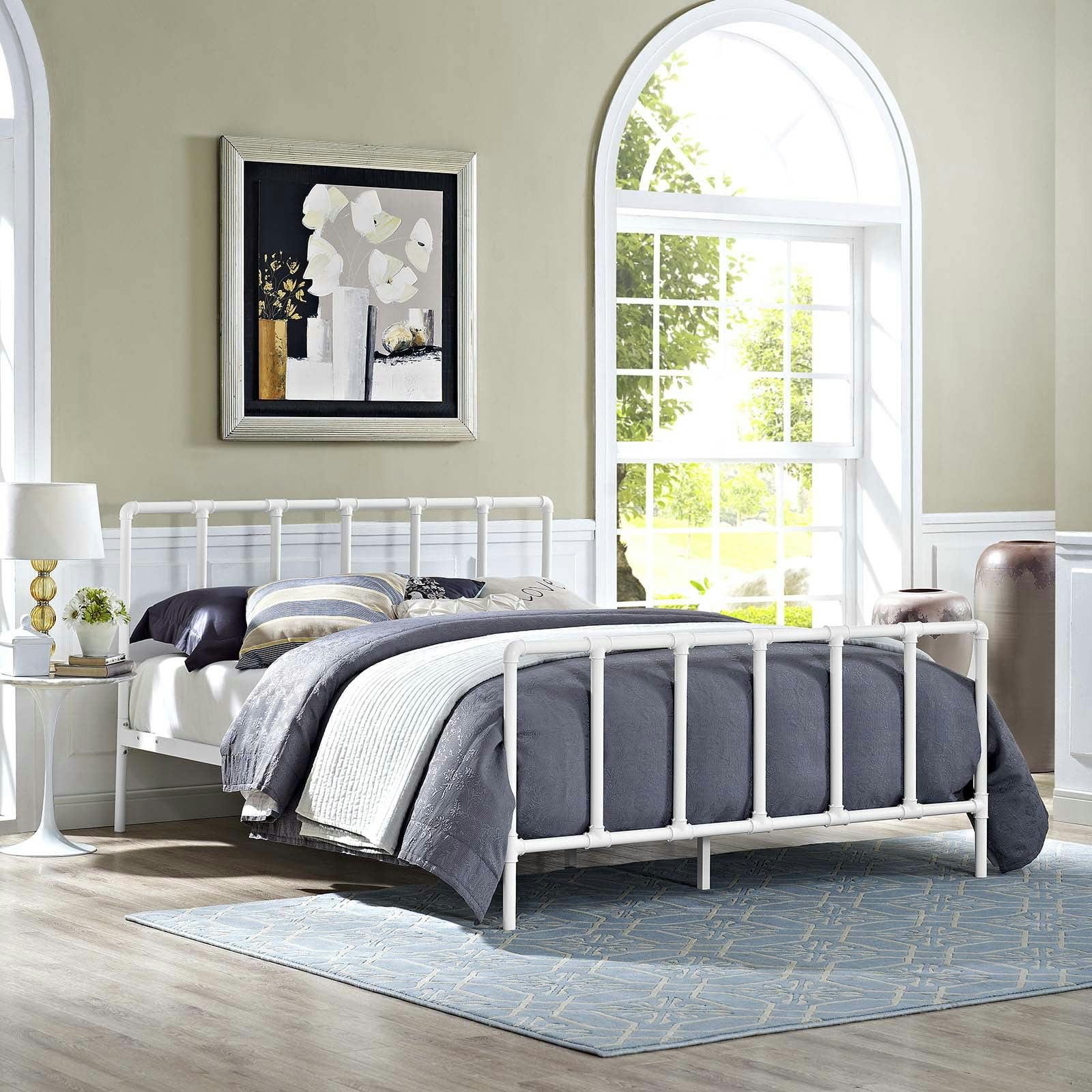Serene Cottage Queen Metal Bed Frame with Headboard in White