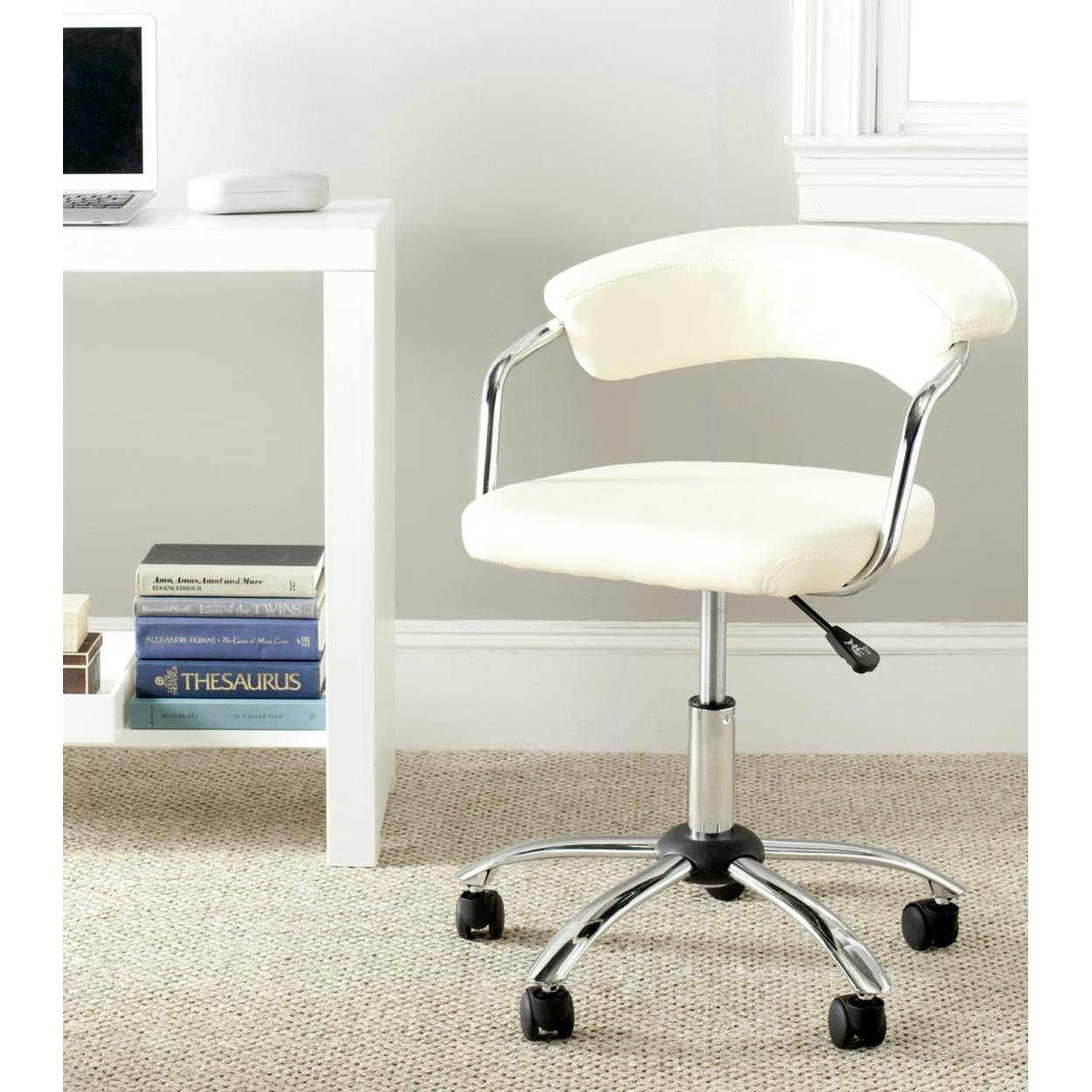 Transitional Cream White Vegan Leather Swivel Desk Chair with Metal Frame