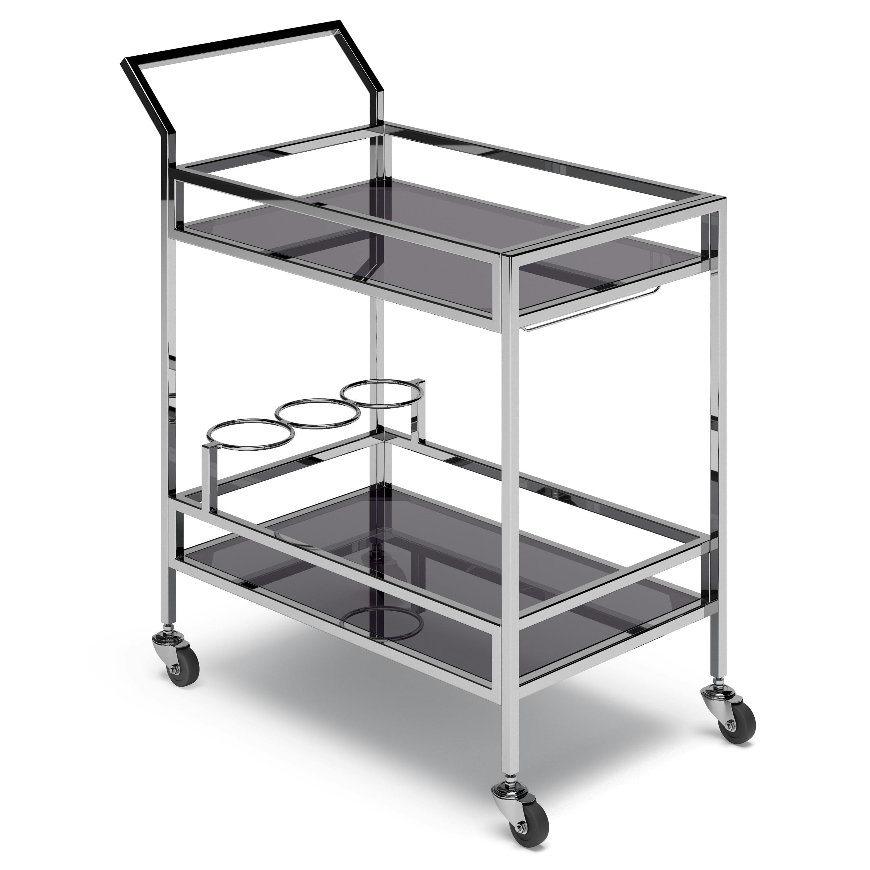 Contemporary Chrome Bar Cart with Tempered Glass Shelves and Wine Storage