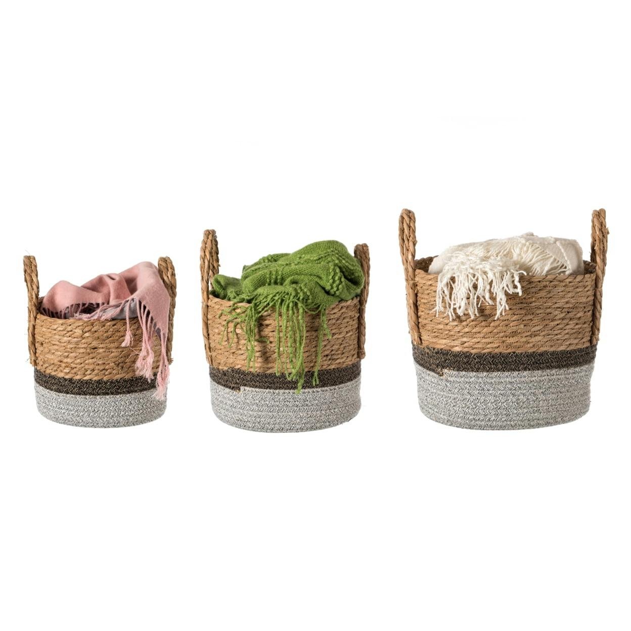 Round Woven Straw Storage Basket Set with Handles, 19" x 13"