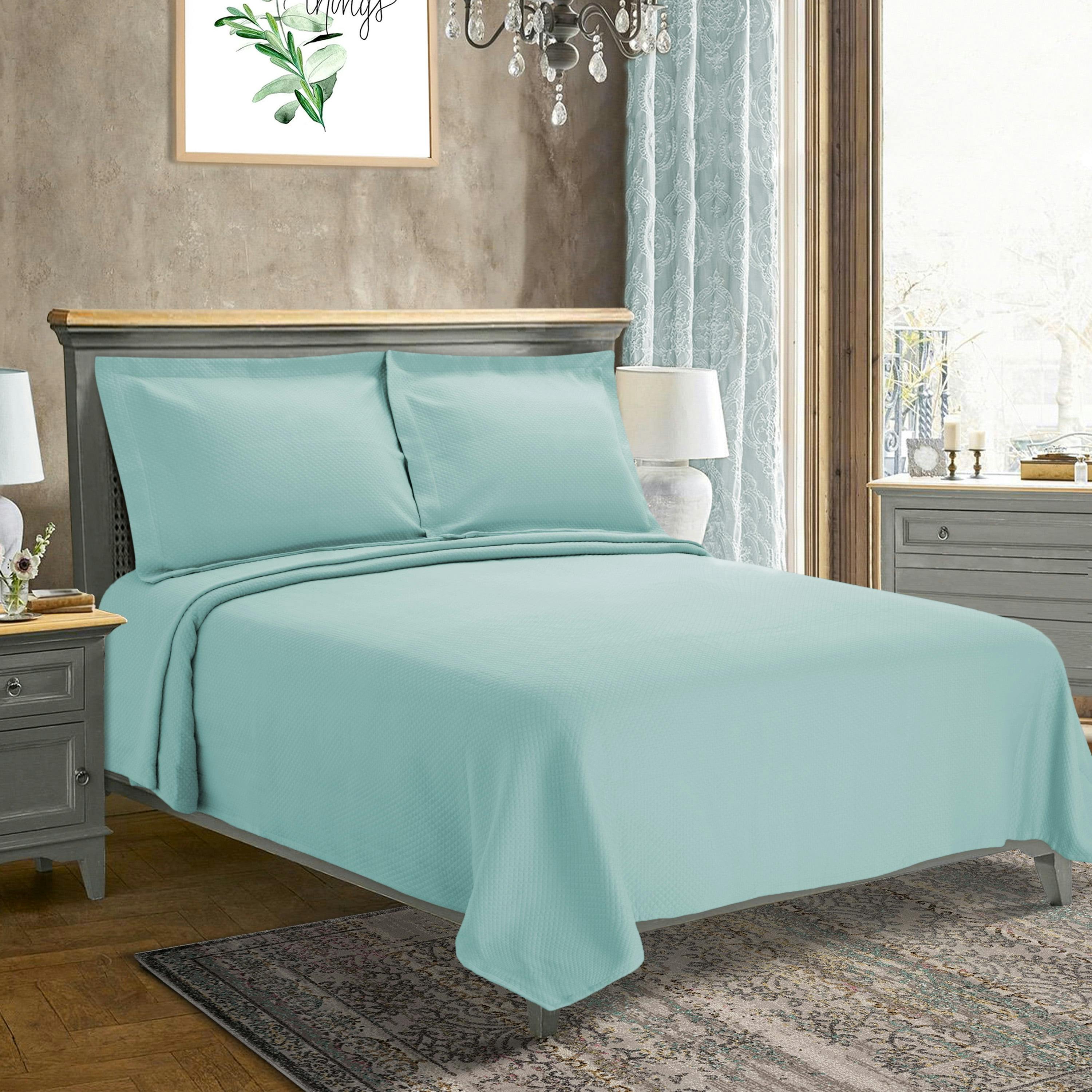 Aqua Cotton Queen Bedspread Set with Reversible Lattice Pattern