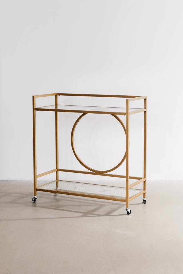Deco-Inspired Matte Metal and Glass 2-Tier Bar Cart with Wheels