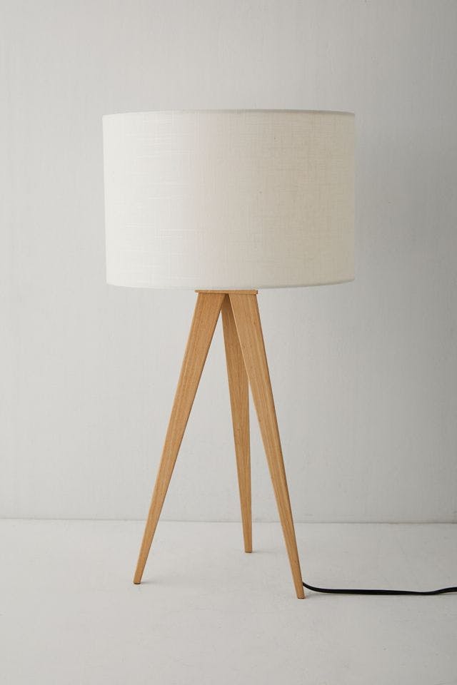 Rustic Natural Wood Grain Tripod Table Lamp with Off-White Shade