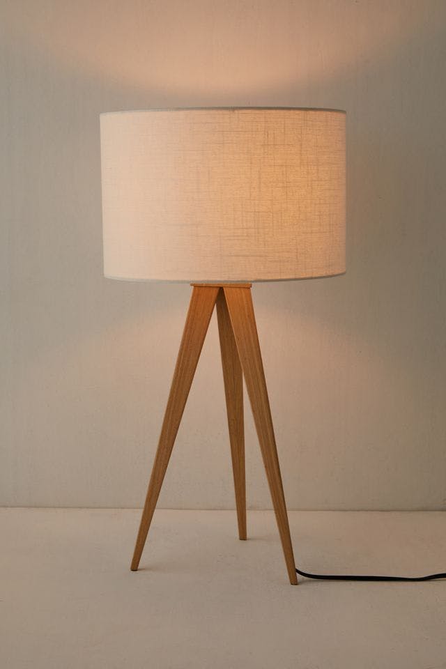 Rustic Natural Wood Grain Tripod Table Lamp with Off-White Shade