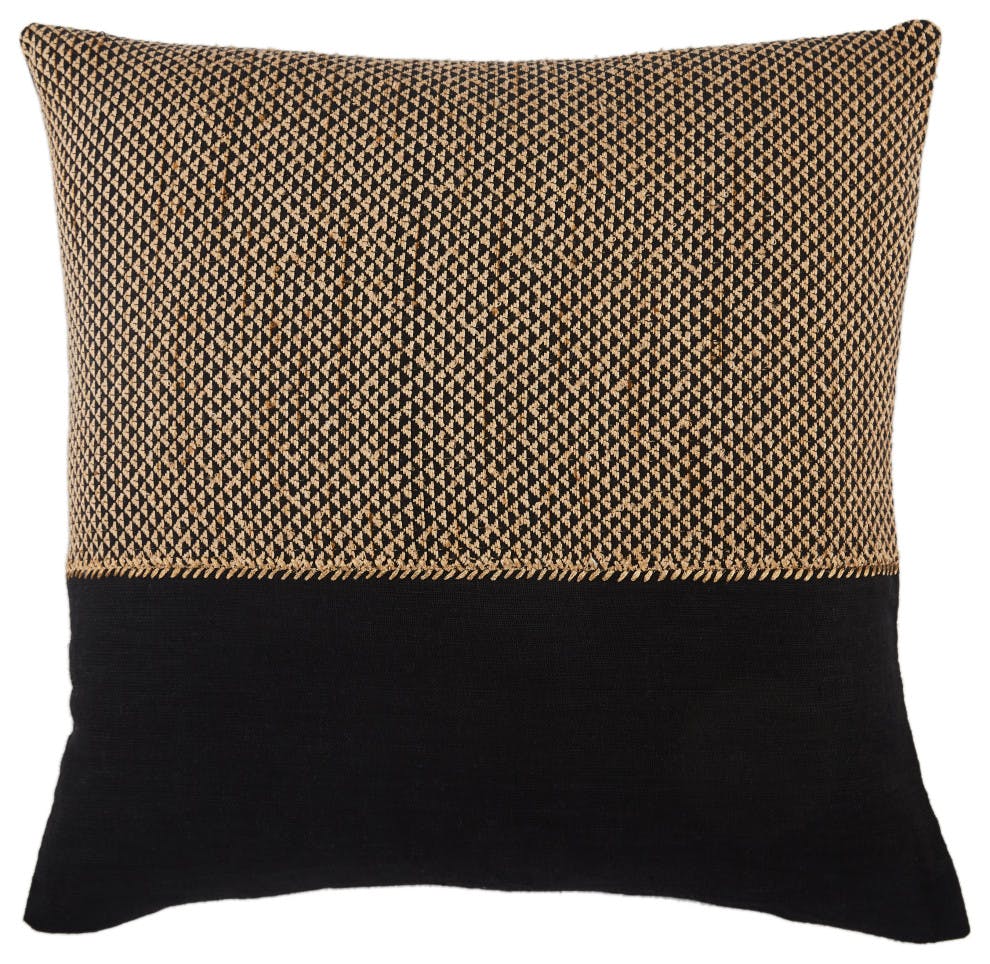 Sila Round Embroidered Linen-Blend 22" Throw Pillow in Tan & Black