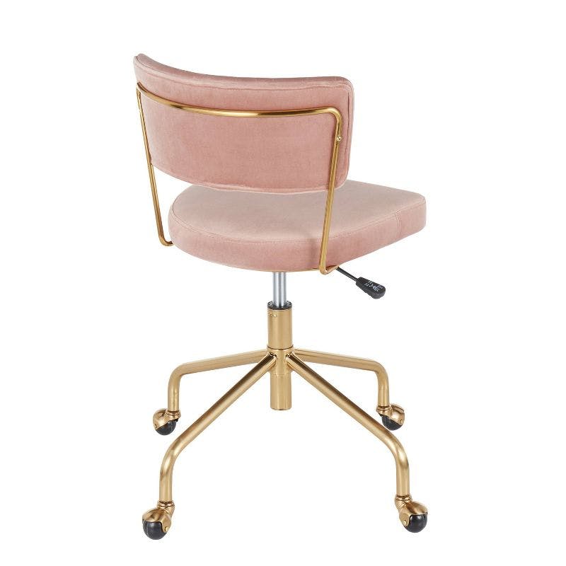 Contemporary Pink Velvet Swivel Task Chair with Gold Metal Base