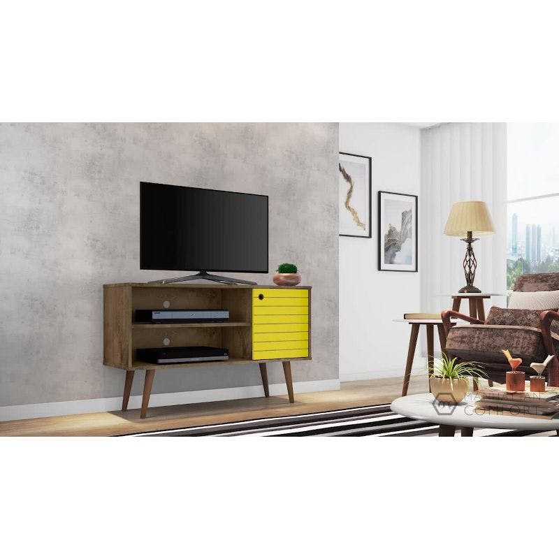 Rustic Brown and Yellow Mid-Century TV Stand with Cabinet