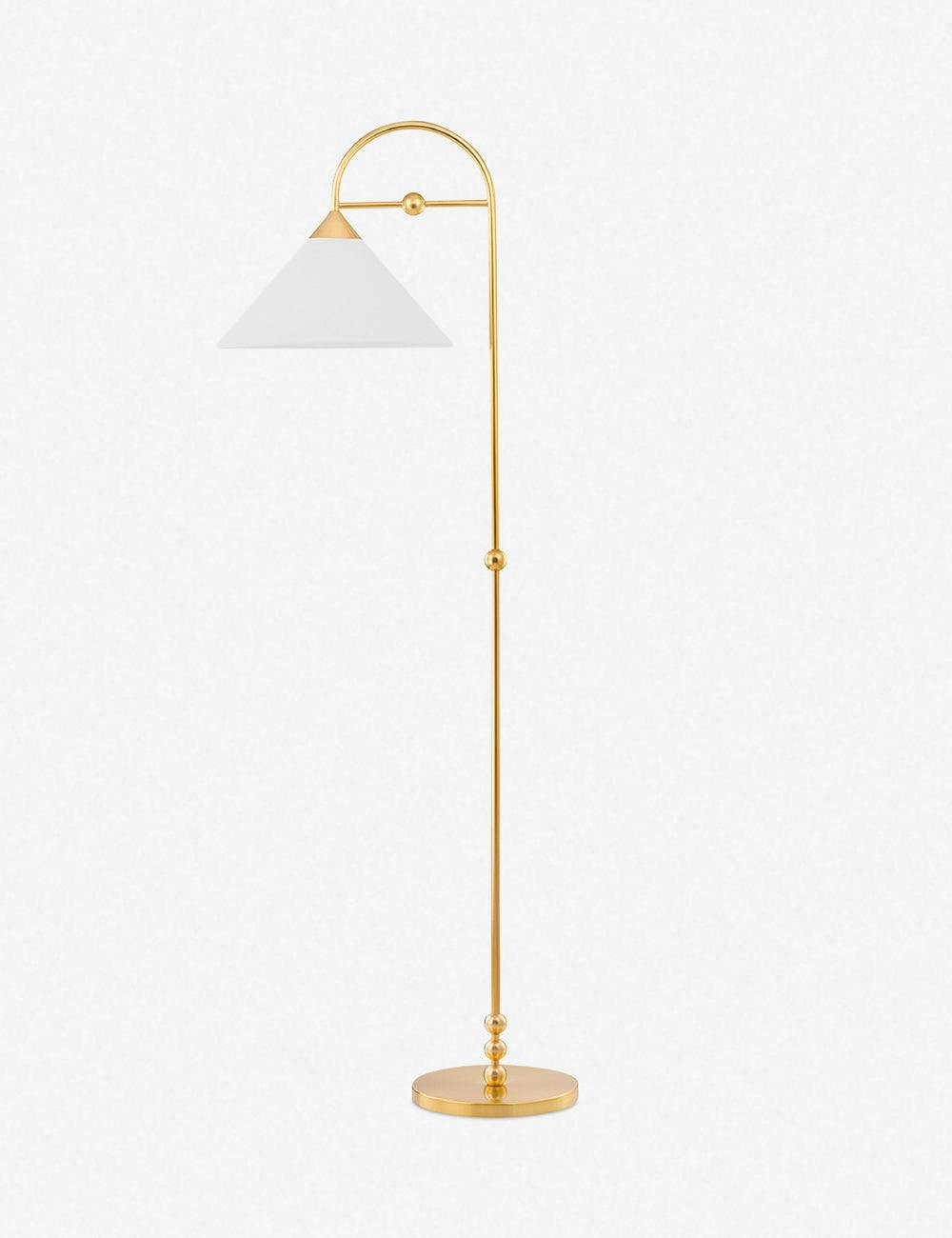 Talise Aged Brass Arc Floor Lamp with White Linen Shade