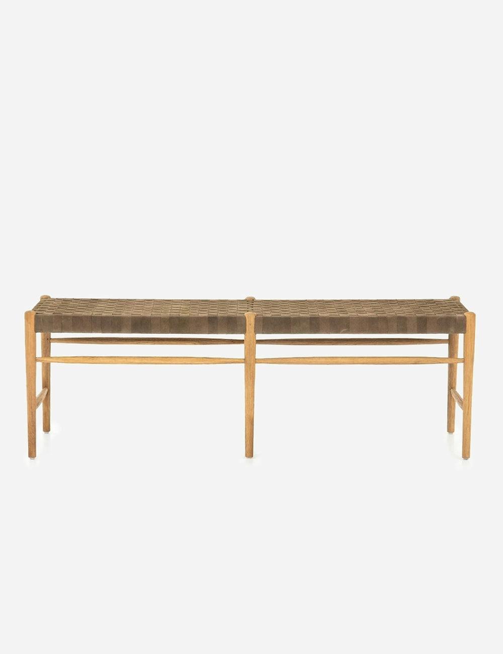Modern Oak and Woven Leather Bench, 57" Brown