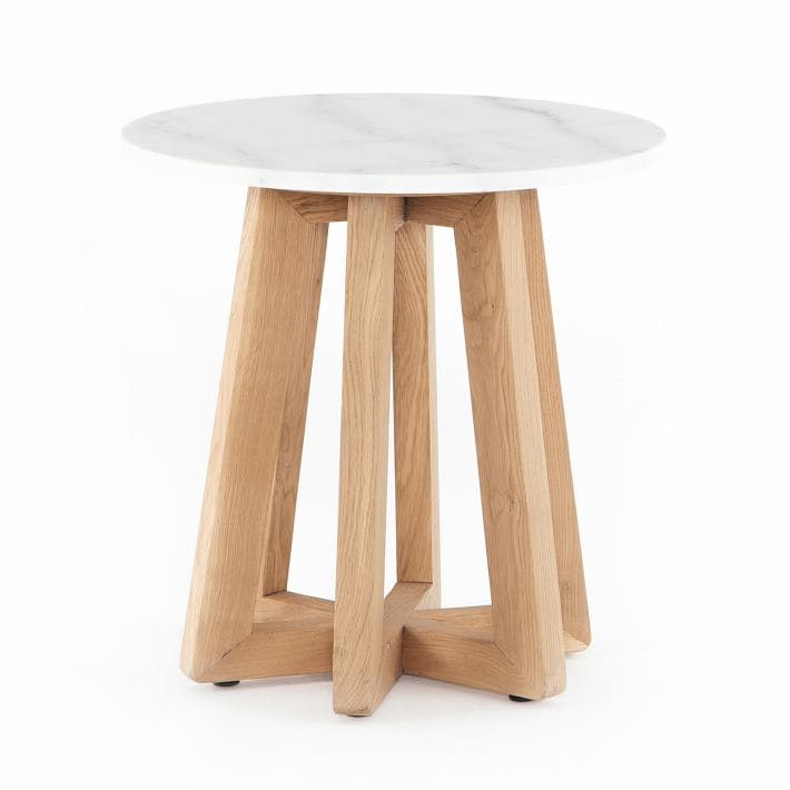 Contemporary Honey Oak & White Marble Round End Table