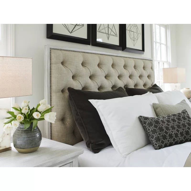 Sag Harbor Cream Queen Upholstered Bed with Nailhead Trim