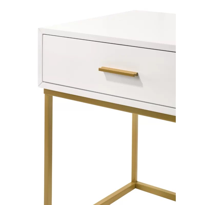 Catalina Mid-Century Modern White Rubberwood 1-Drawer Nightstand with Gold Legs