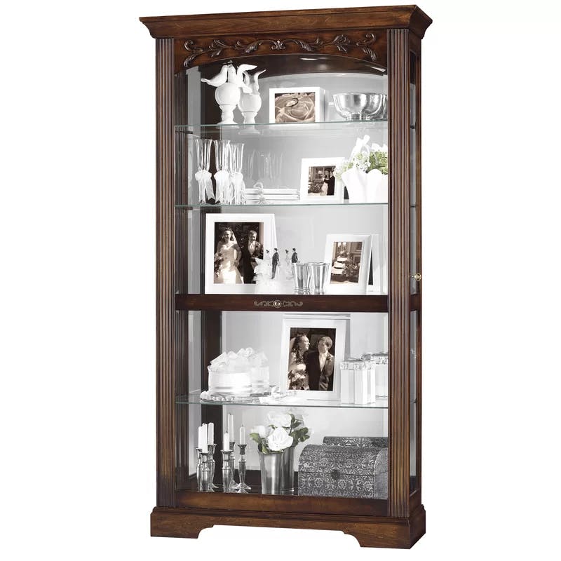 Hartland Traditional Brown Lighted Curio Cabinet with Adjustable Glass Shelves