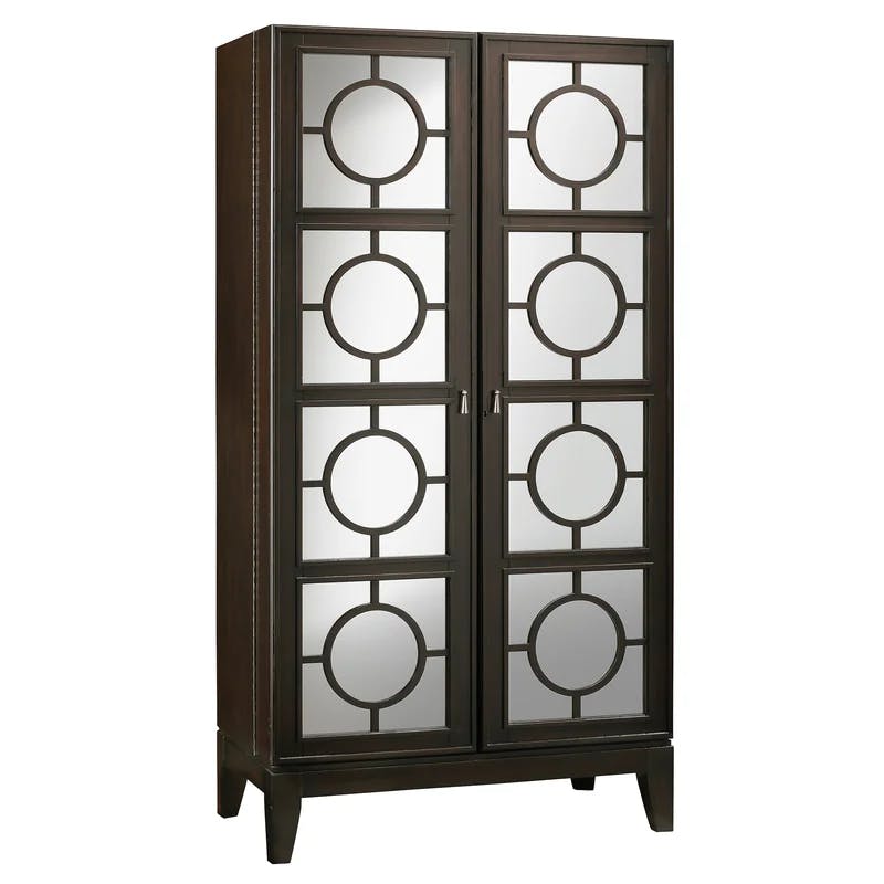 Transitional Brown Bar Cabinet with Mirrored Geometric Doors