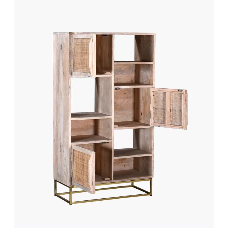 Biscayne Vertical 6-Tier Mango Wood Bookcase with Cane Doors
