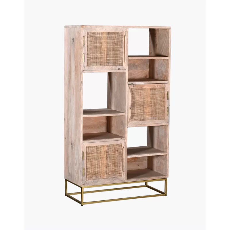 Biscayne Vertical 6-Tier Mango Wood Bookcase with Cane Doors