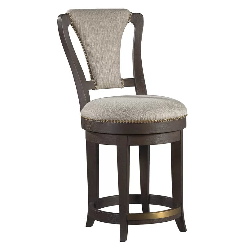 Transitional Beige Brown Swivel Counter Stool with Nailhead Trim