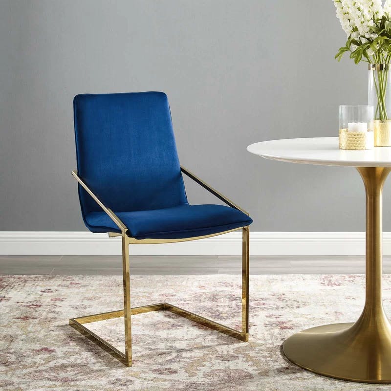 Elegant Gold Navy Velvet Upholstered Arm Chair with Geometric Metal Frame