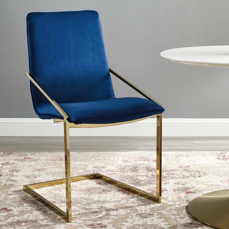 Elegant Gold Navy Velvet Upholstered Arm Chair with Geometric Metal Frame