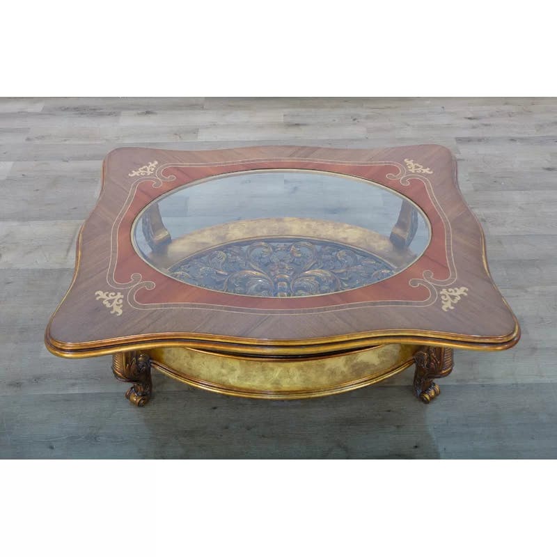 Vintage Rectangular Wood Coffee Table with Glass Top and Storage Shelf