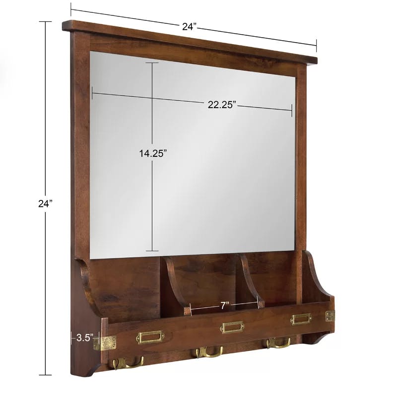 Walnut Brown Solid Wood Square Wall Organizer with Mirror and Hooks