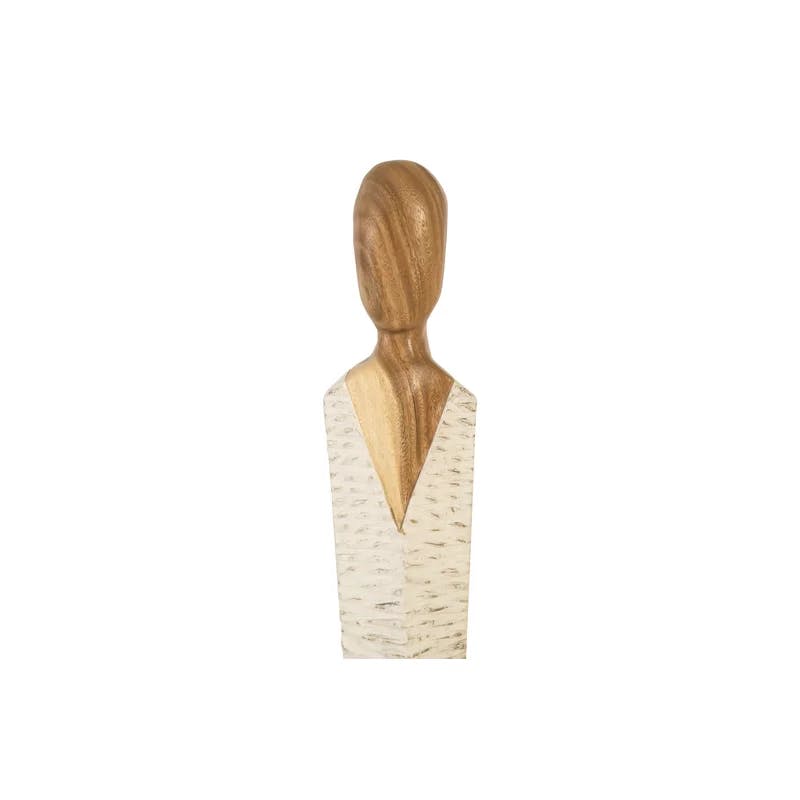 Contemporary White and Brown Wood Serene Human Figure Sculpture