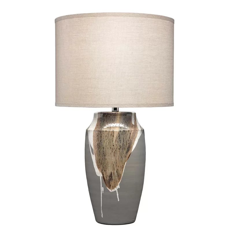 Matte Grey Ceramic Table Lamp with Beige/White Drip and Linen Shade