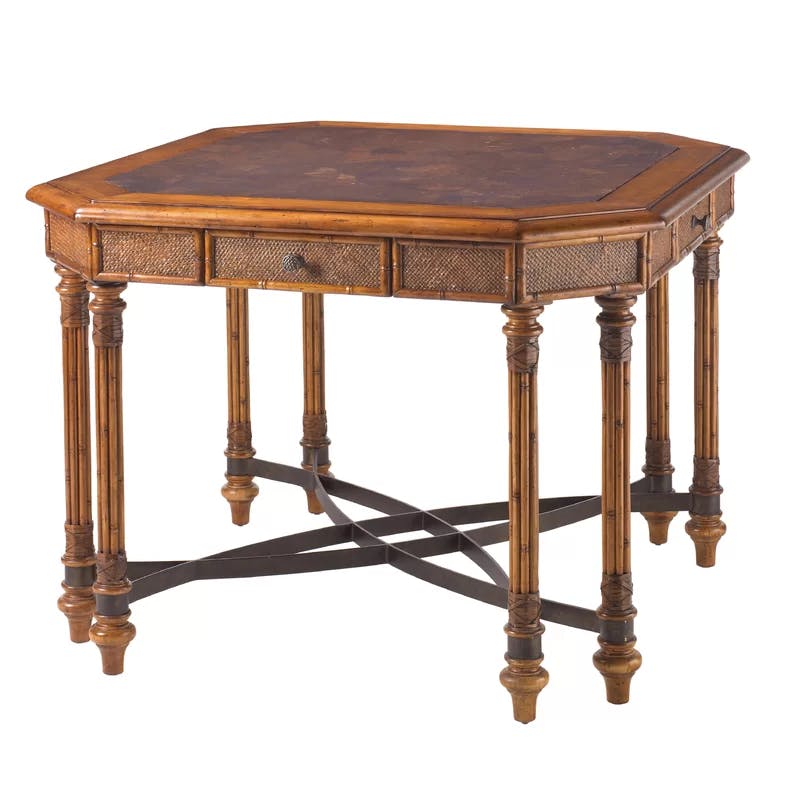 Elegant Traditional Leather-Top Game Table with Rattan Drawers, Brown