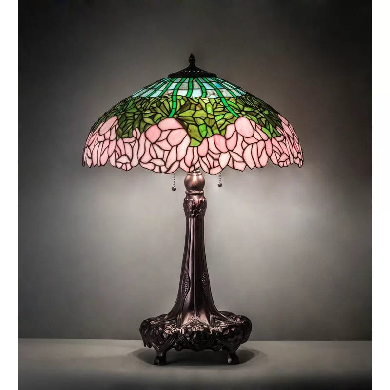 Elegant 3-Light Bronze Table Lamp with Stained Glass Shade