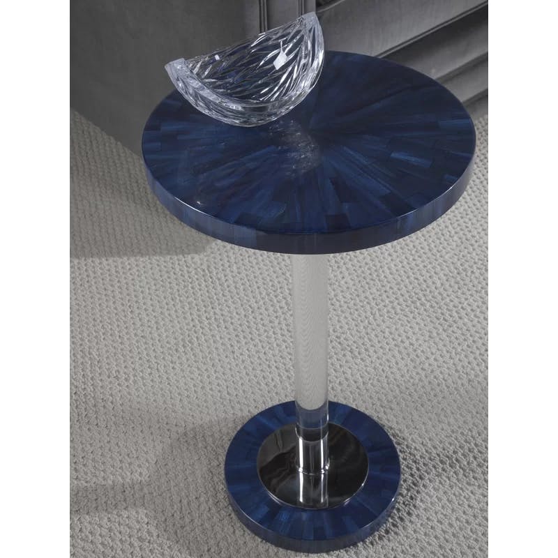 Contemporary Navy Blue Round Wood Spot Table with Polished Nickel Accents