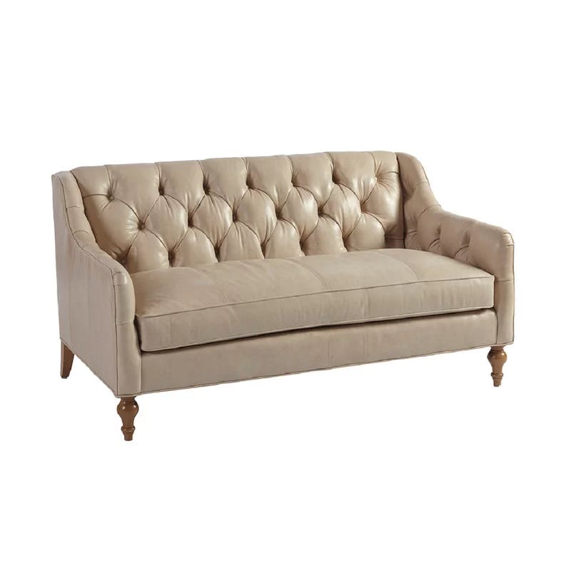 Elegant Sands Beige Leather Settee with Tufted Rolled Arms