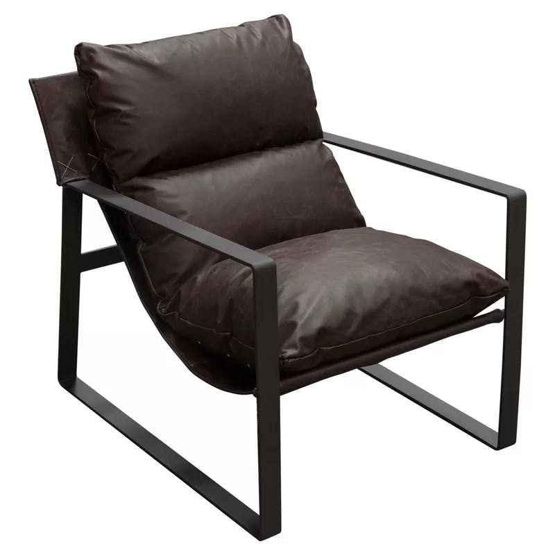 Miller Genuine Chocolate Leather Sling Armchair with Black Metal Frame