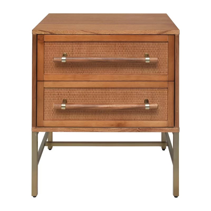 Sophia Light Blonde Rattan 2-Drawer Nightstand with Brass Accents