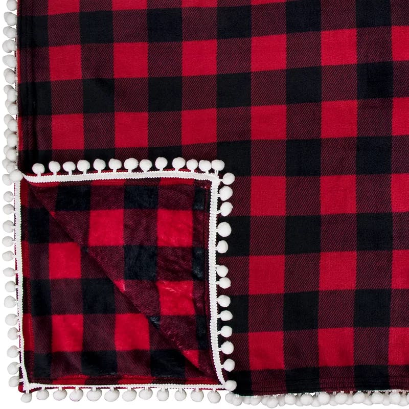 Pom Pom Fringe Twin Fleece Blanket in Plush Red