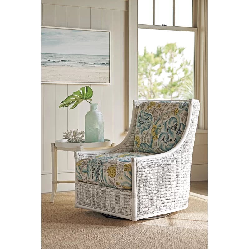 Coastal Breeze White Leather-Wrapped Swivel Armchair with Wood Accents