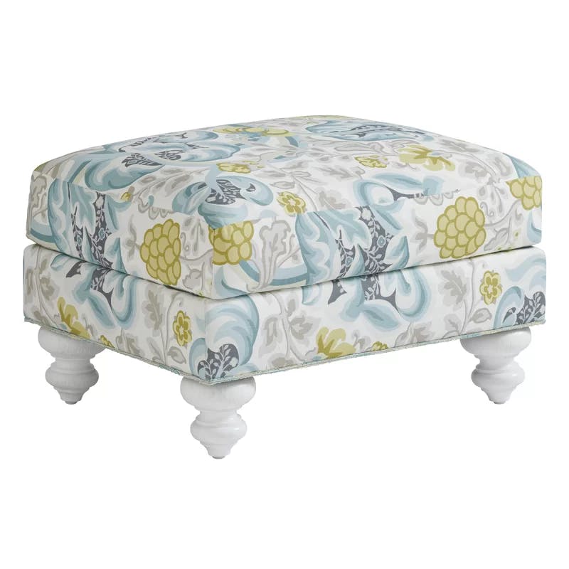 Seashell White Gilmore Solid Wood Ottoman with Cotton Blend Upholstery