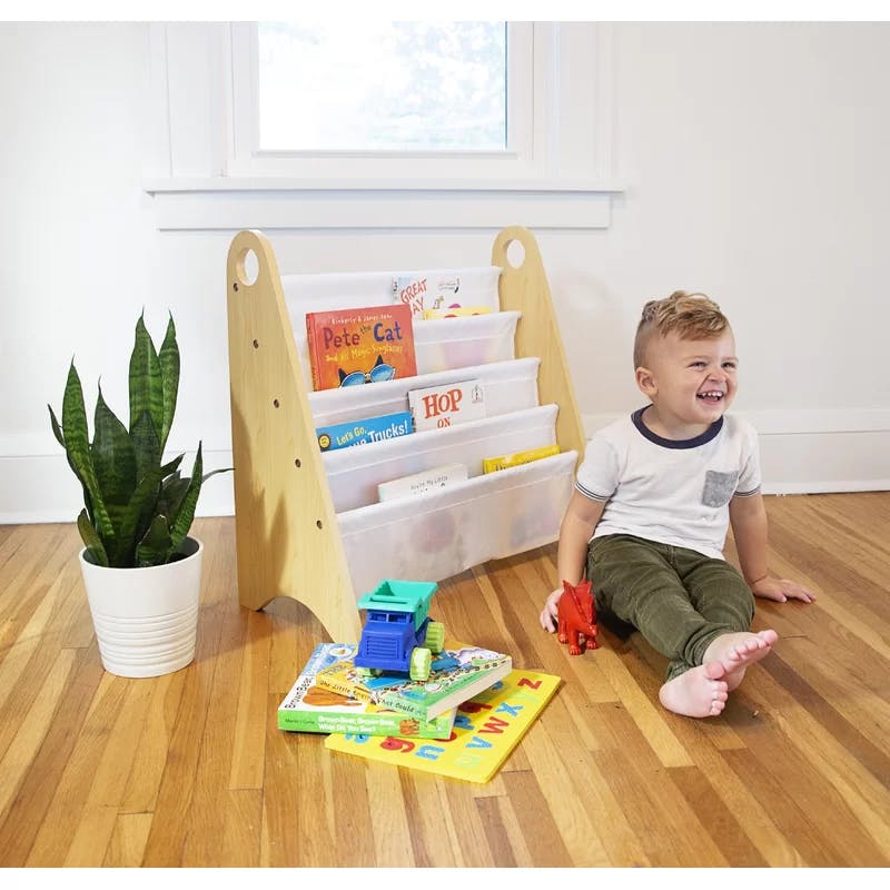 Compact White Modern Kids Sling Bookshelf with Durable Shelves