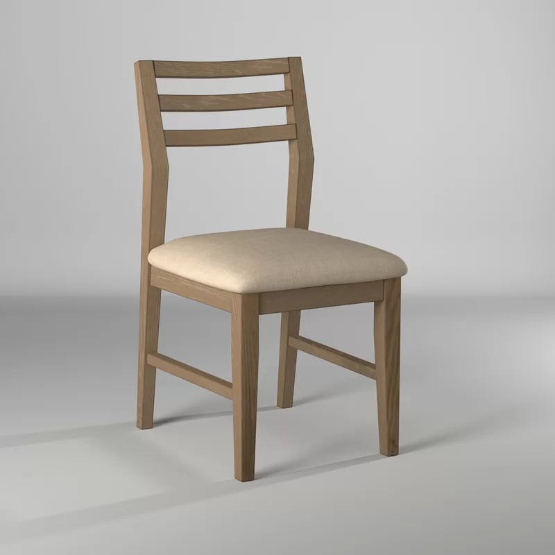 Transitional Beige Upholstered Ladderback Side Chair in Weathered Pine