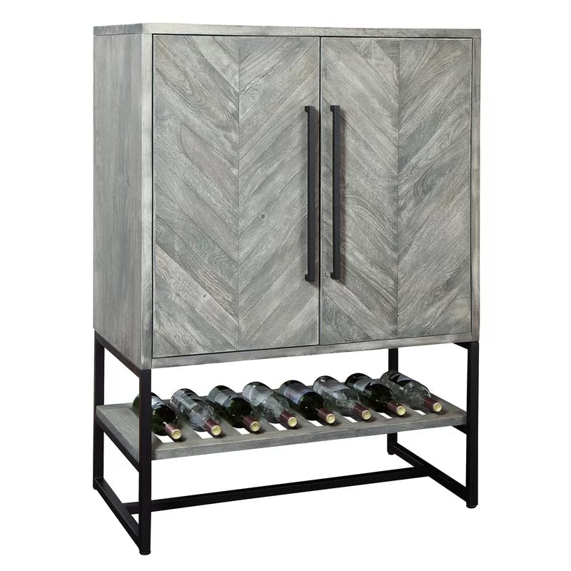Transitional Herringbone 36" Gray Bar Cabinet with Wine Storage